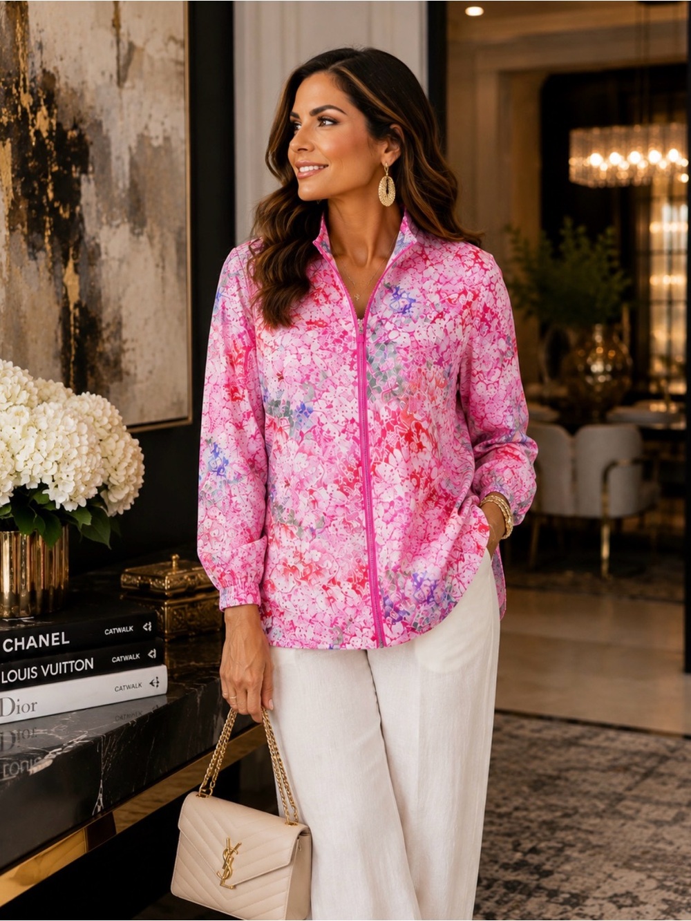 Johnny Was Active Pink Floral Eyelet Zip Up Jacket Womens Medium Boho Athleisure